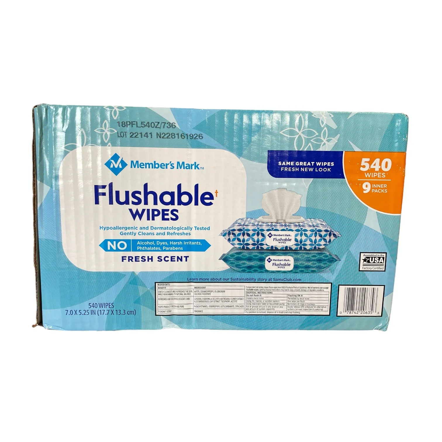 9 Pack Member's Mark Flushable Scented Wipes, 540 Wipes