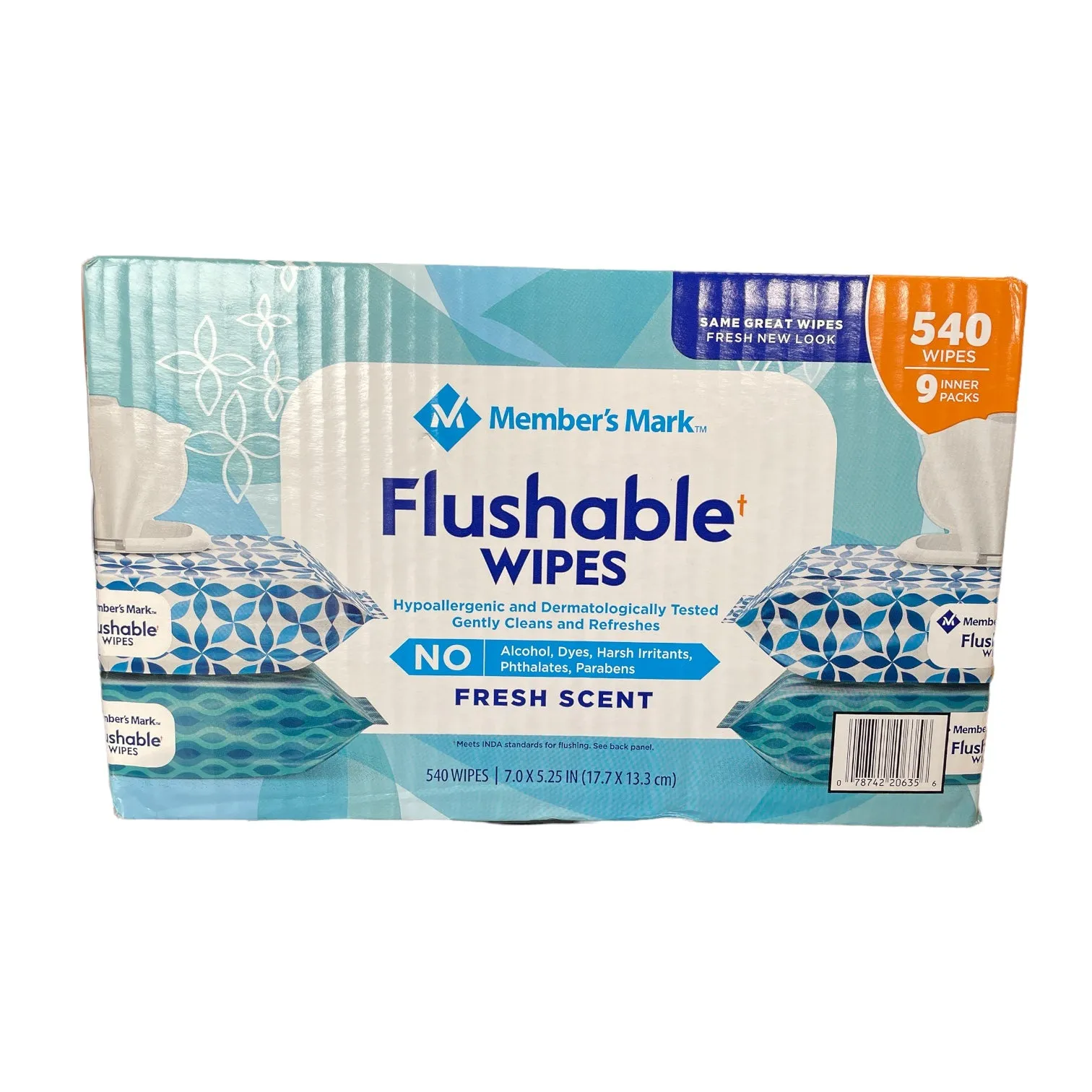 9 Pack Member's Mark Flushable Scented Wipes, 540 Wipes