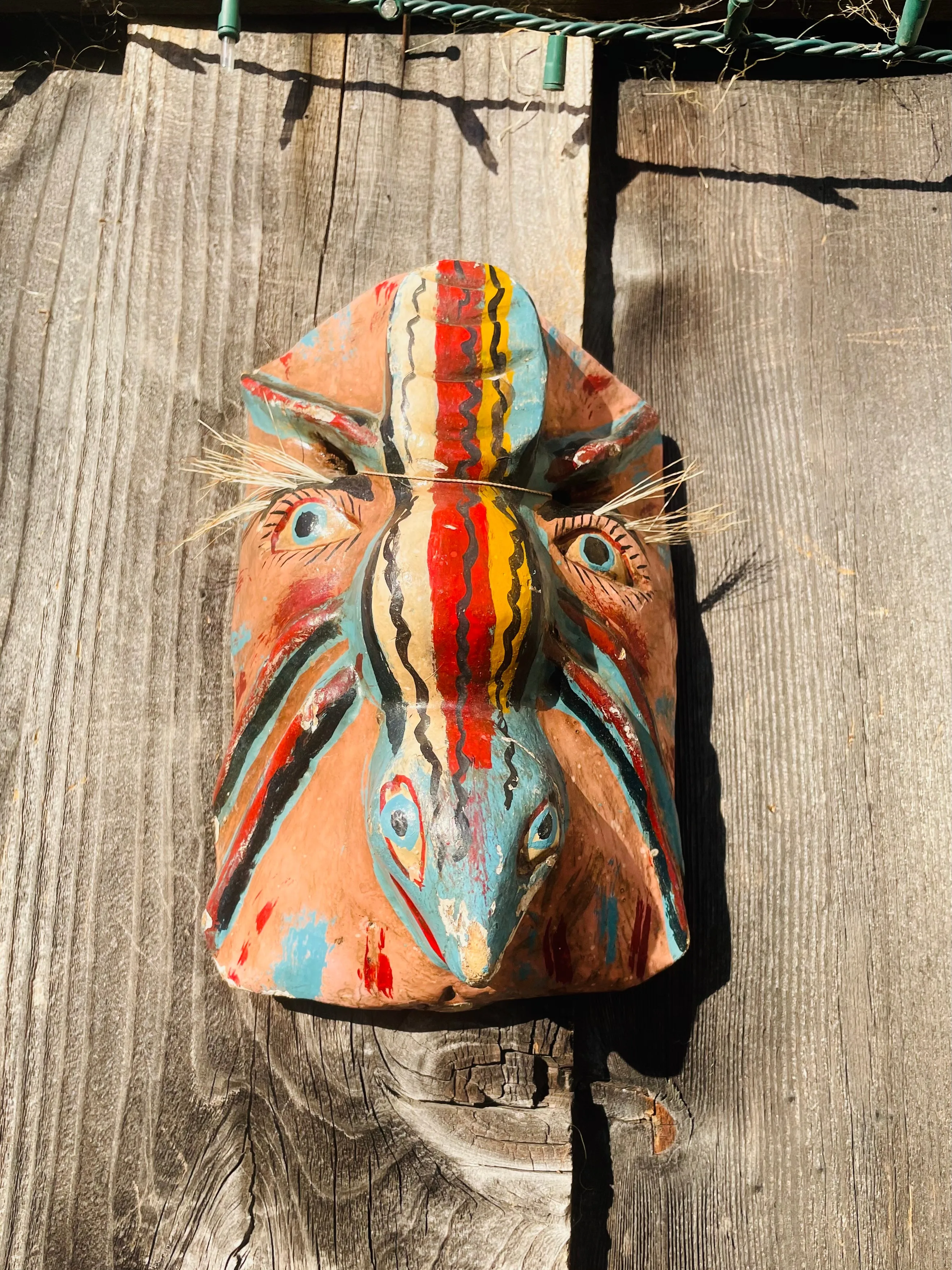 Antique Artisan Colorful Hand Painted Wooden Tribal Folk Art Mask Man & Creature