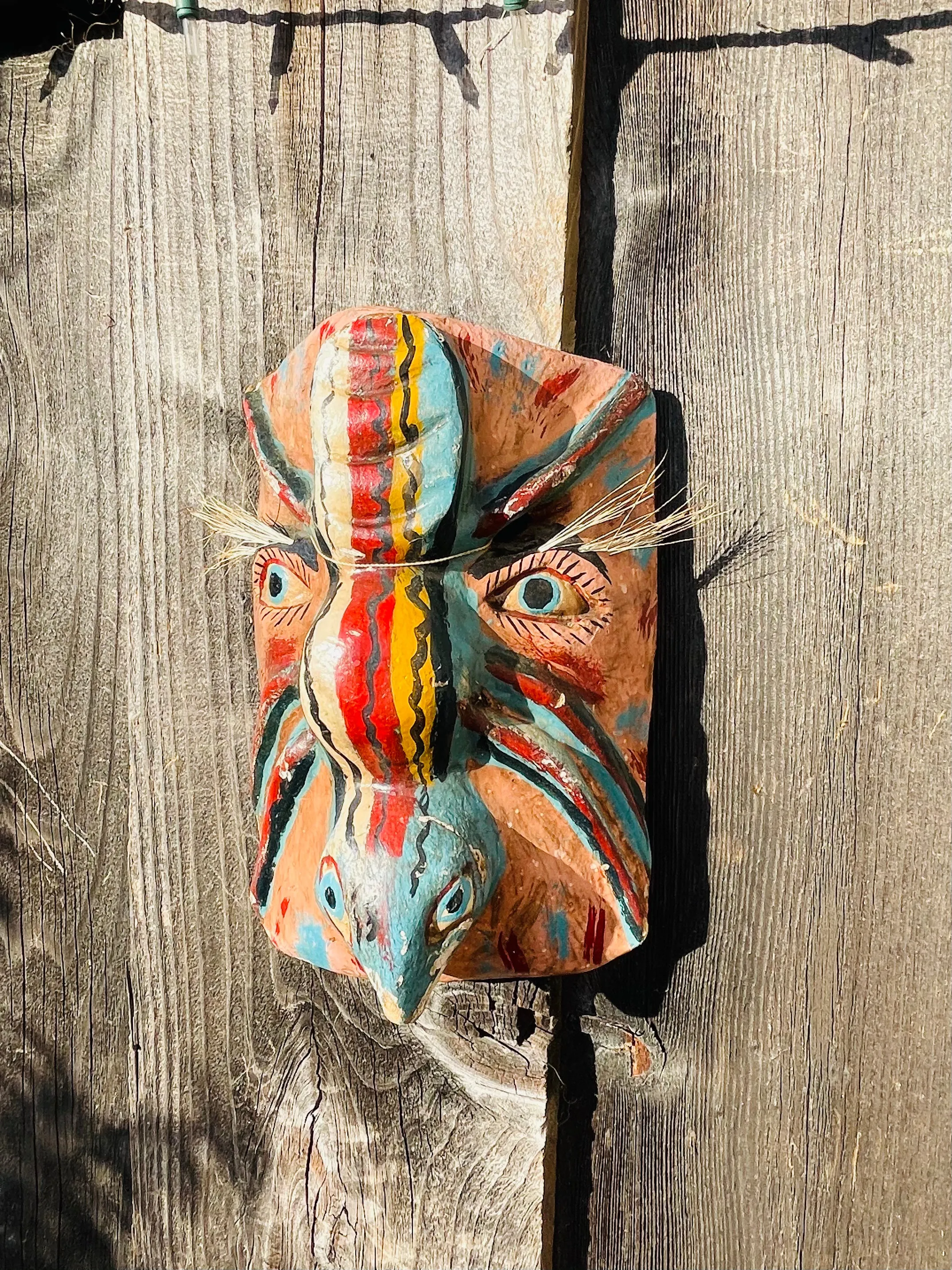 Antique Artisan Colorful Hand Painted Wooden Tribal Folk Art Mask Man & Creature