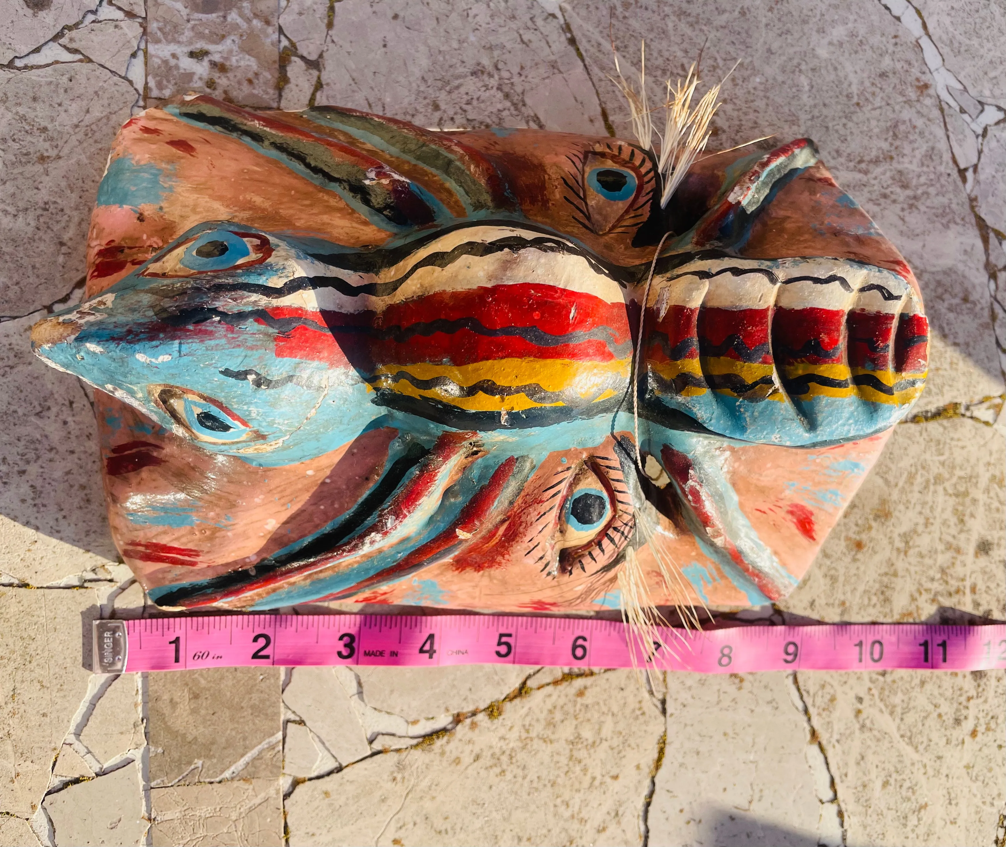 Antique Artisan Colorful Hand Painted Wooden Tribal Folk Art Mask Man & Creature