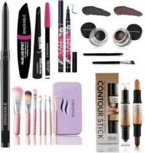 Bingeable Kajal& 3 In1 Waterproof Eyeliner, mascara, Kajal& 36H Eyeliner& 7 Pcs Brush(HK)& 2in1 Contour Stick& Black,Brown Gel Eyeliner