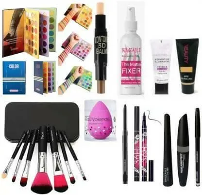 Bingeable Kajal&36HEyeliner& 3IN1 Eyeliner,Mascara,Kajal,& 7 Pcs Brushes& Puff& 60 Color Book & Contour Stick& Fixer& Primer& Foundation (10 Items in the set)