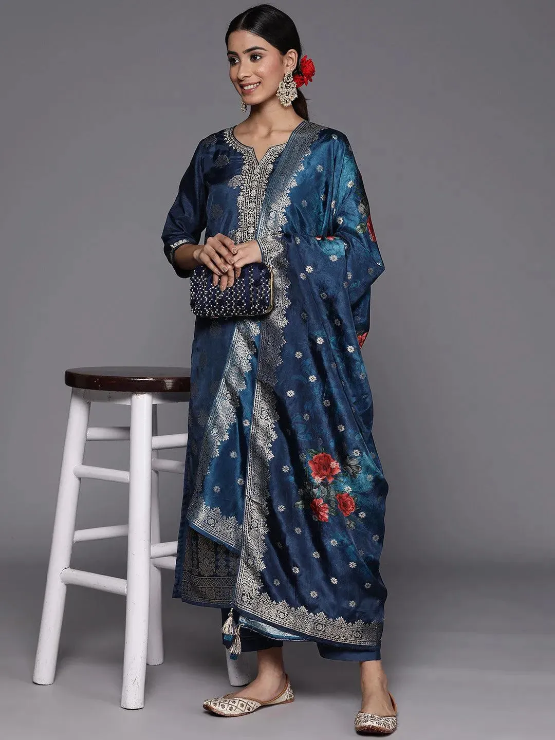 Blue Self Design Silk Straight Kurta With Trousers & Dupatta