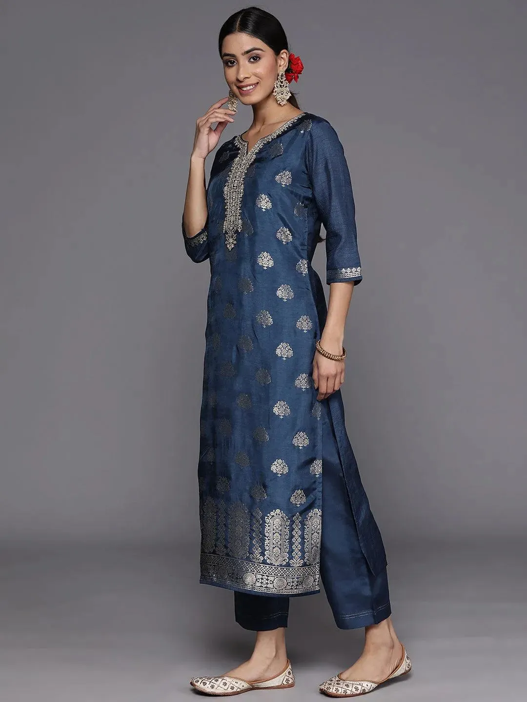 Blue Self Design Silk Straight Kurta With Trousers & Dupatta