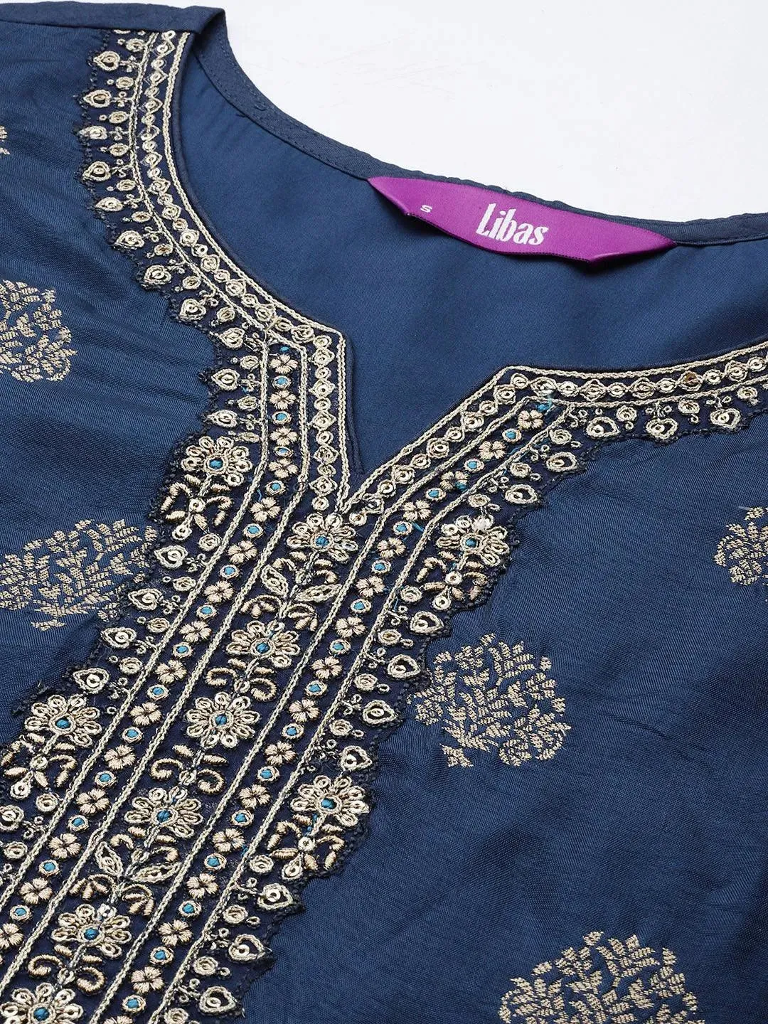 Blue Self Design Silk Straight Kurta With Trousers & Dupatta