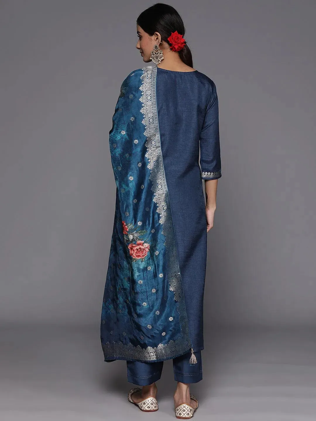 Blue Self Design Silk Straight Kurta With Trousers & Dupatta