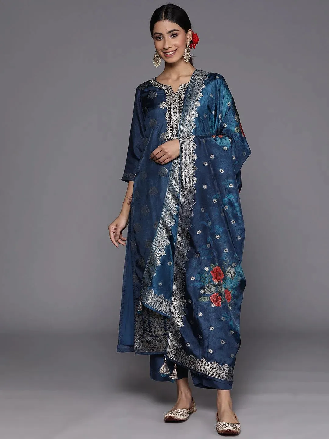 Blue Self Design Silk Straight Kurta With Trousers & Dupatta