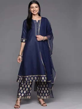 Blue Solid Rayon A-Line Kurta With Palazzos & Dupatta