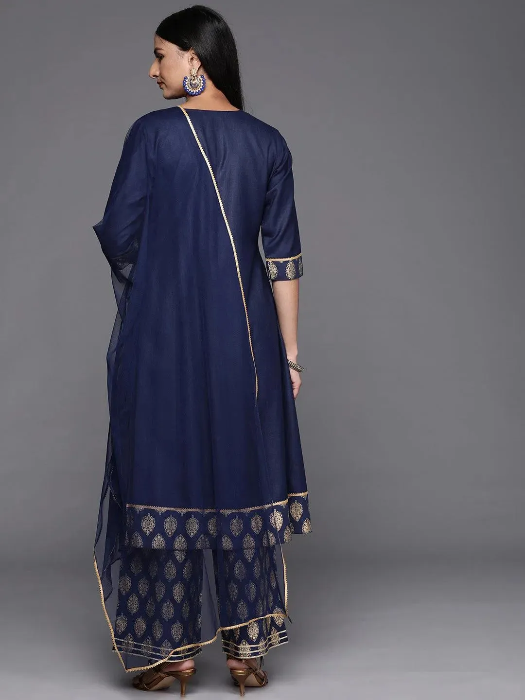 Blue Solid Rayon A-Line Kurta With Palazzos & Dupatta