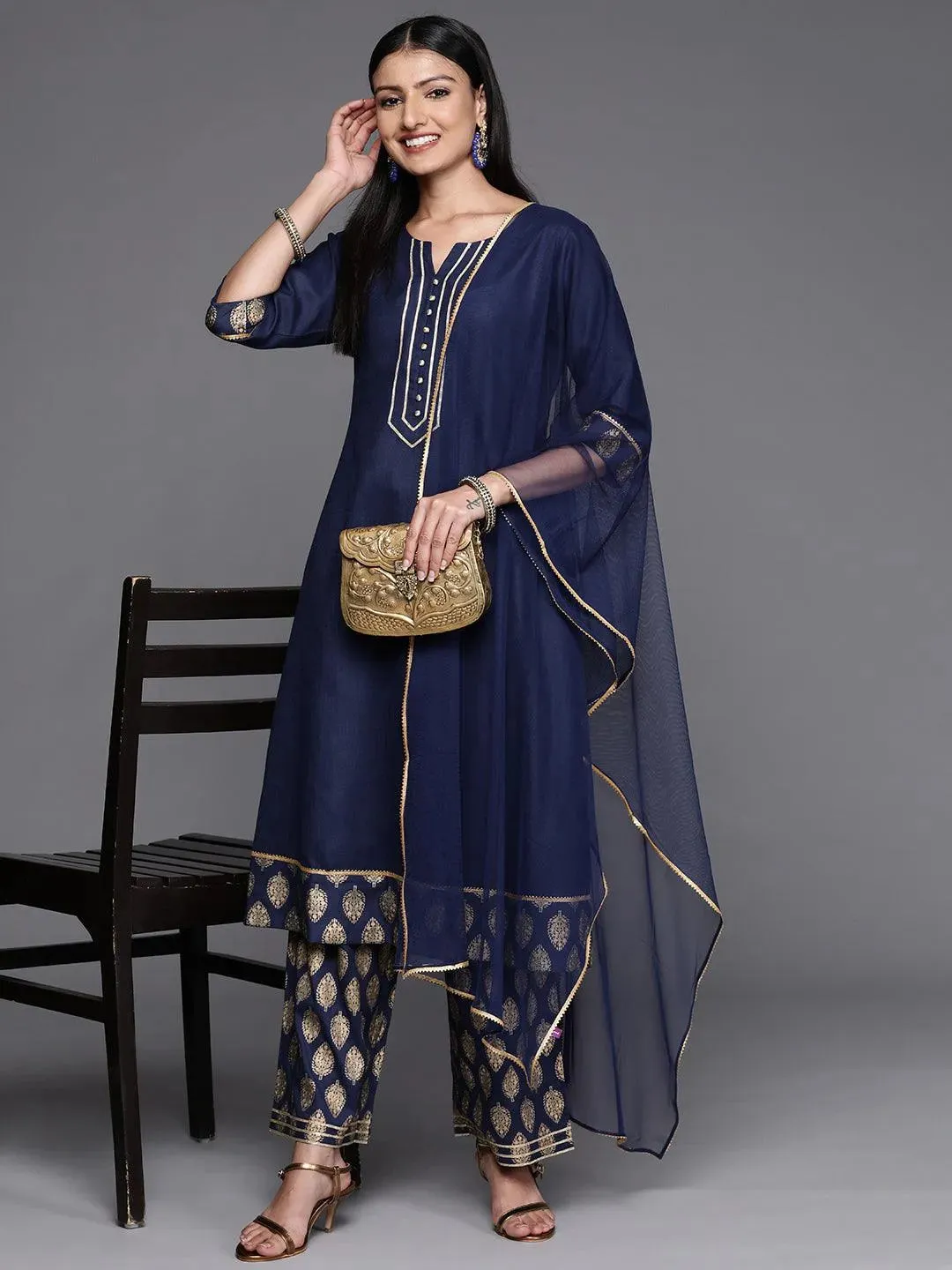 Blue Solid Rayon A-Line Kurta With Palazzos & Dupatta