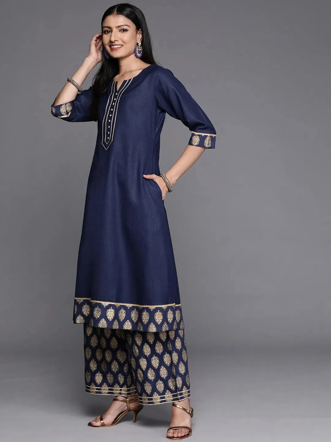 Blue Solid Rayon A-Line Kurta With Palazzos & Dupatta