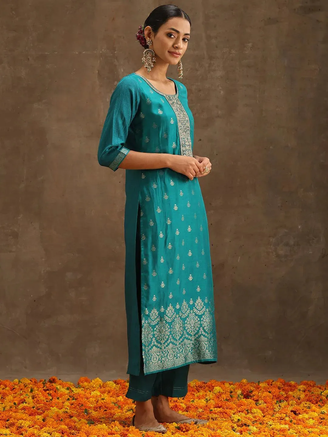 Green Self Design Silk Straight Kurta With Trousers & Dupatta