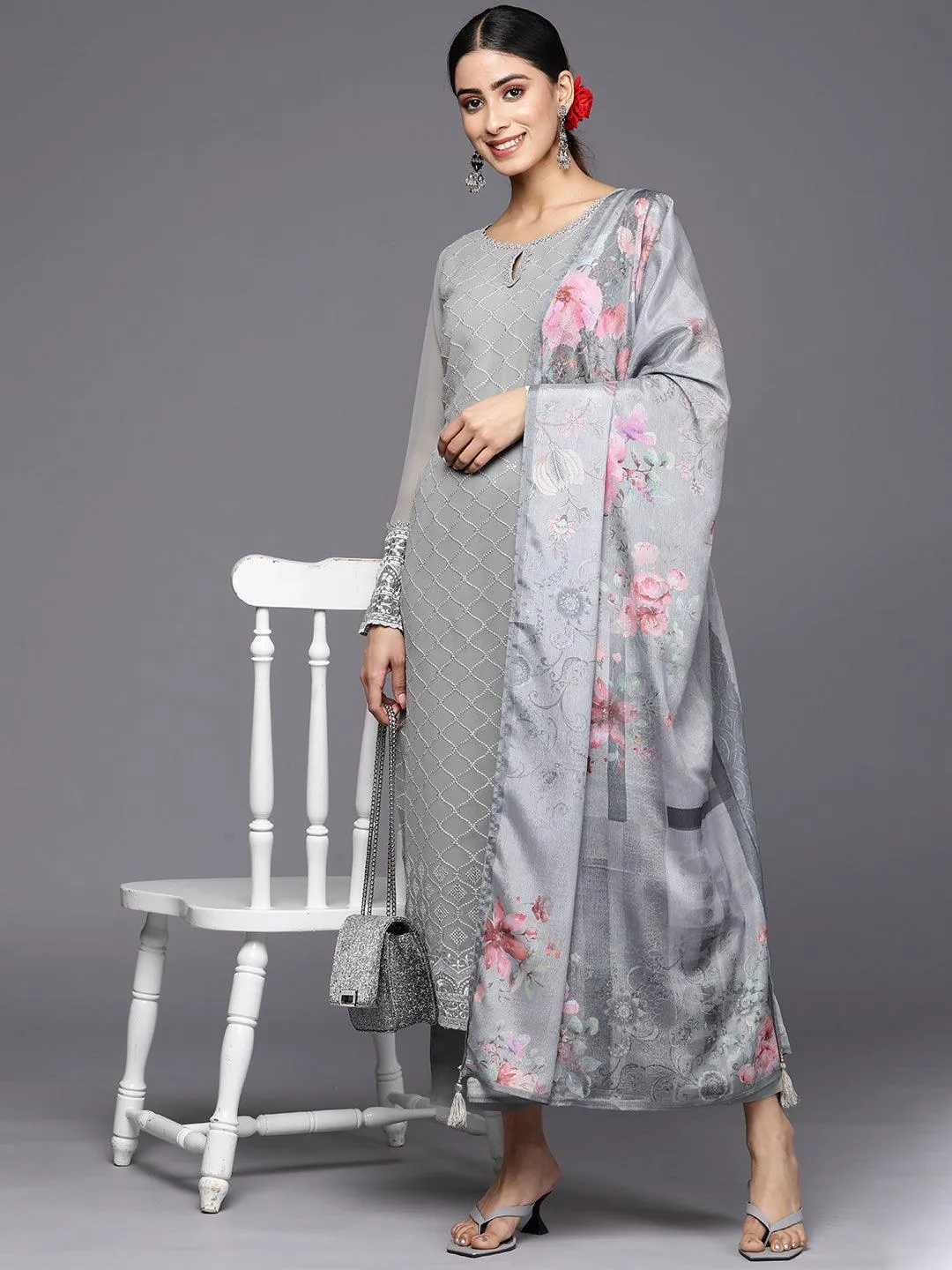 Grey Embroidered Georgette Straight Kurta With Trousers & Dupatta