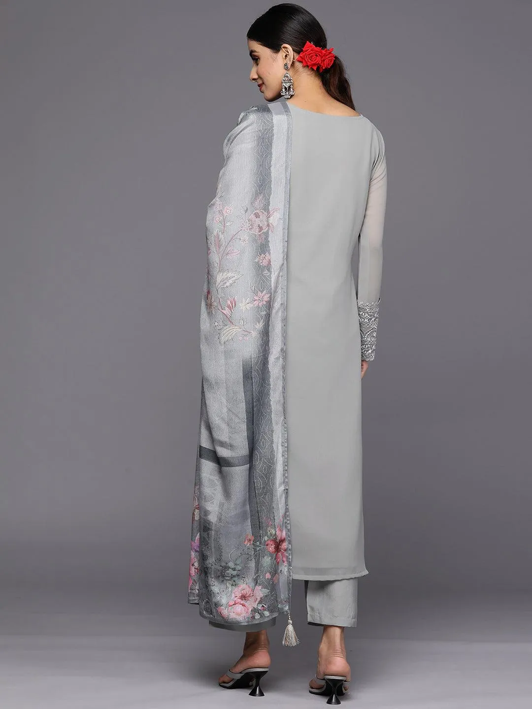 Grey Embroidered Georgette Straight Kurta With Trousers & Dupatta