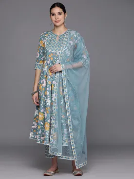 Grey Yoke Design Cotton Anarkali Kurta With Trousers & Dupatta