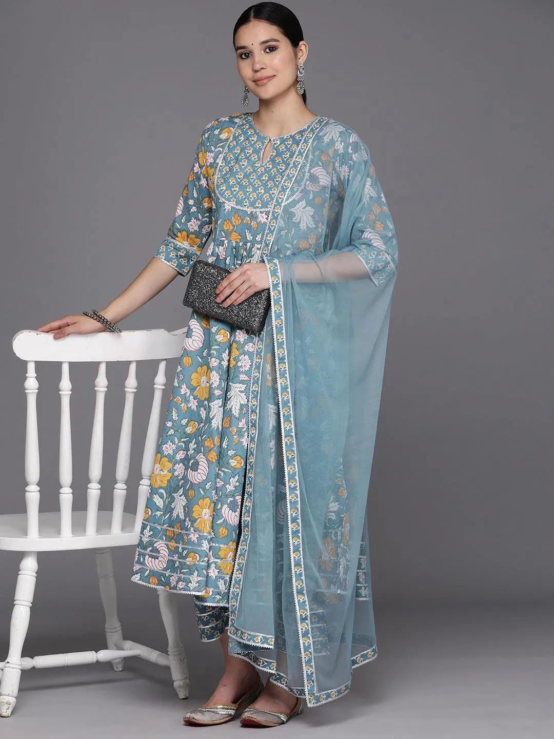 Grey Yoke Design Cotton Anarkali Kurta With Trousers & Dupatta