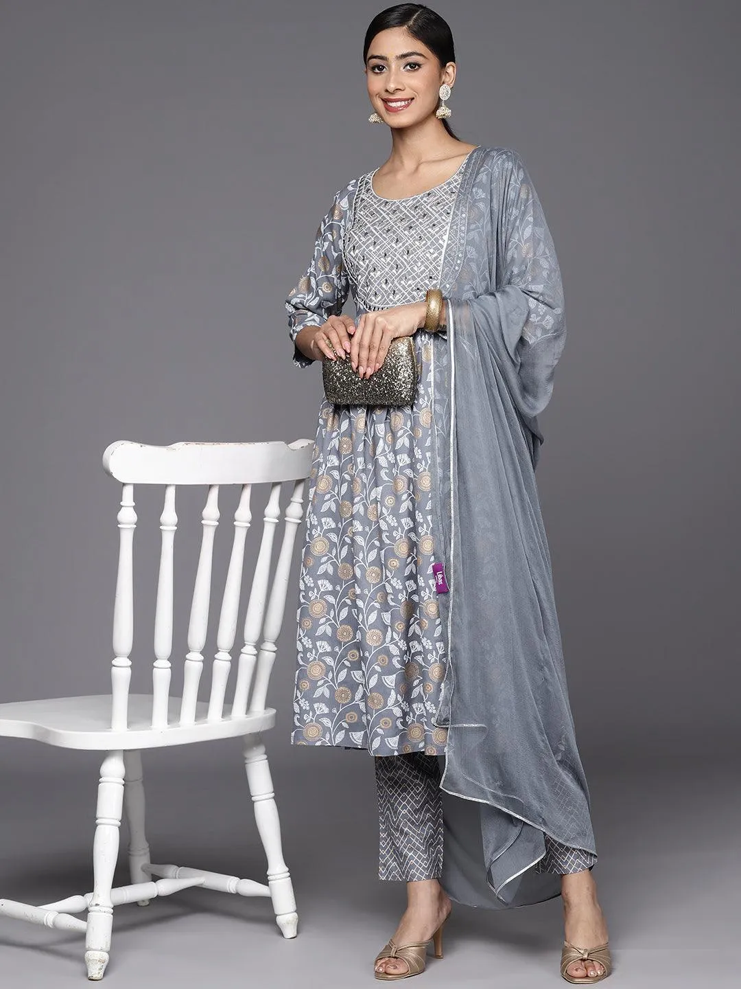 Grey Yoke Design Rayon A-Line Kurta With Trousers & Dupatta