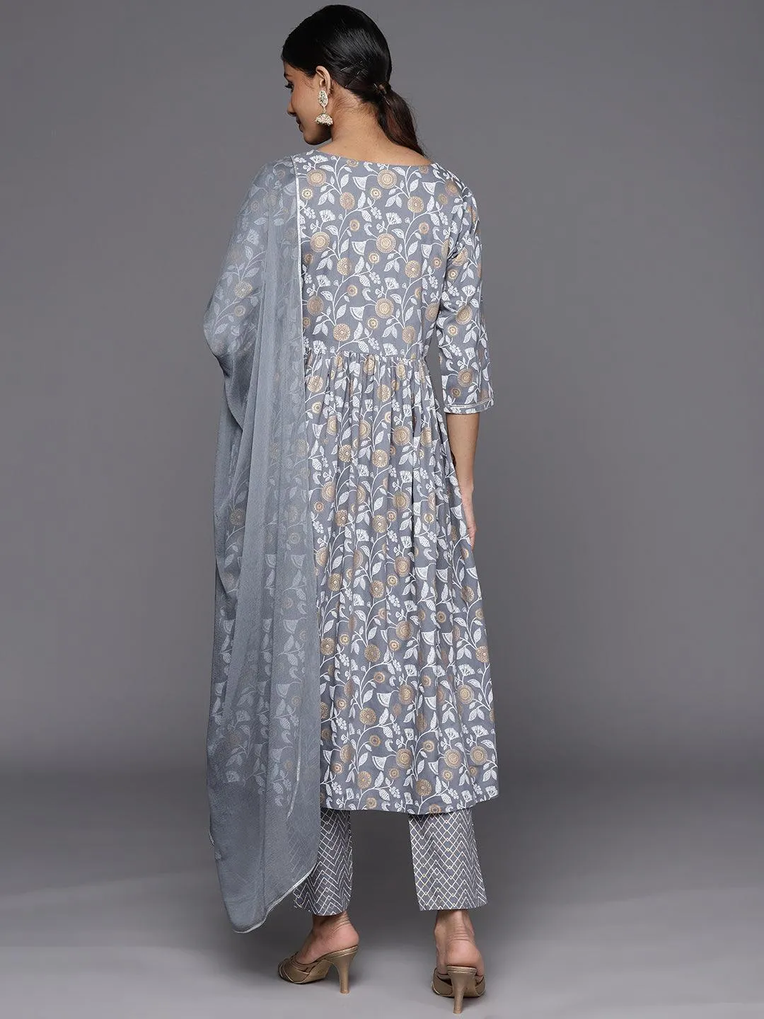 Grey Yoke Design Rayon A-Line Kurta With Trousers & Dupatta