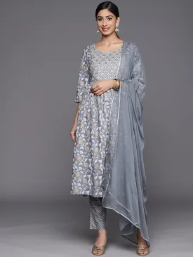 Grey Yoke Design Rayon A-Line Kurta With Trousers & Dupatta