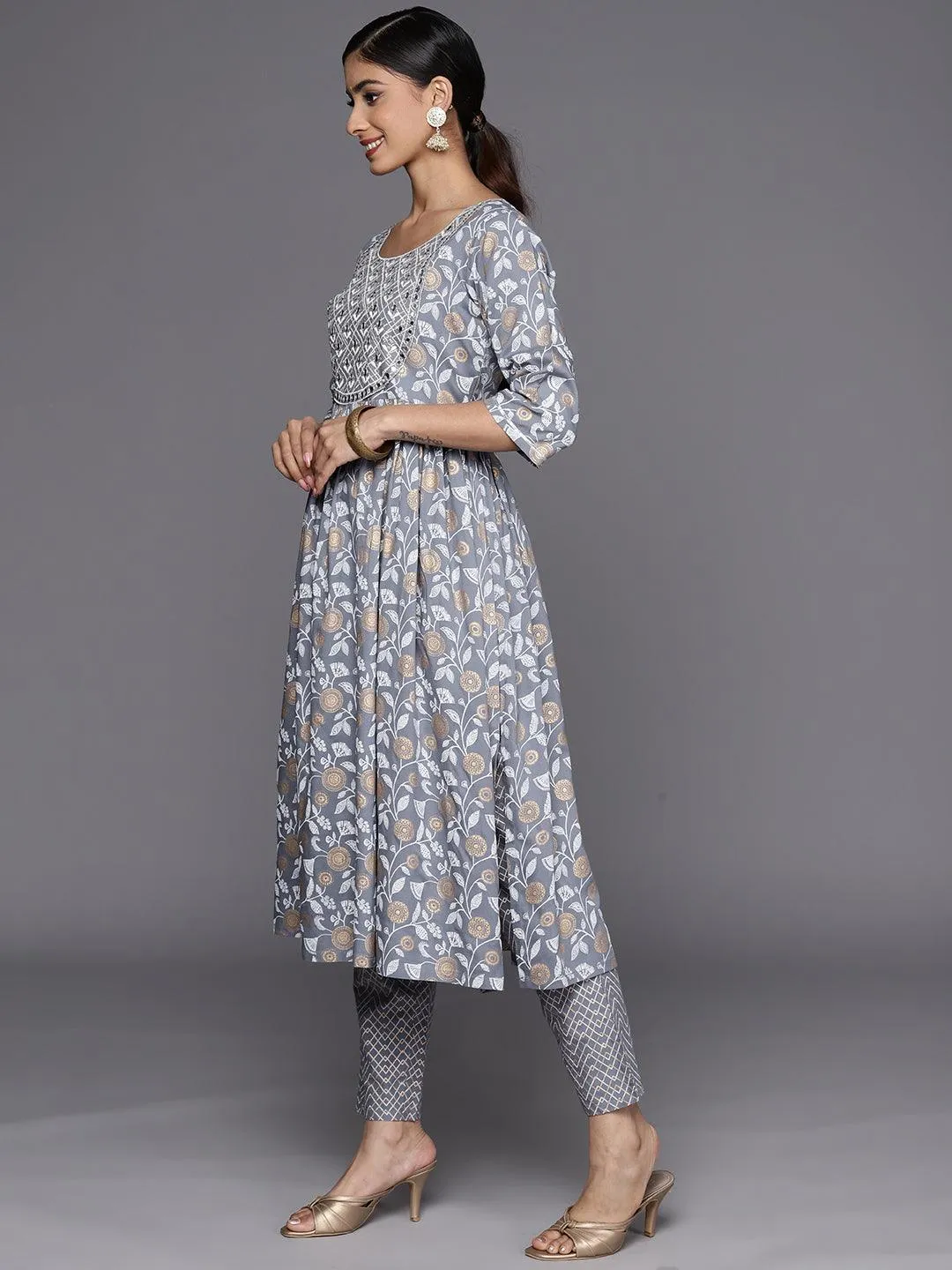 Grey Yoke Design Rayon A-Line Kurta With Trousers & Dupatta