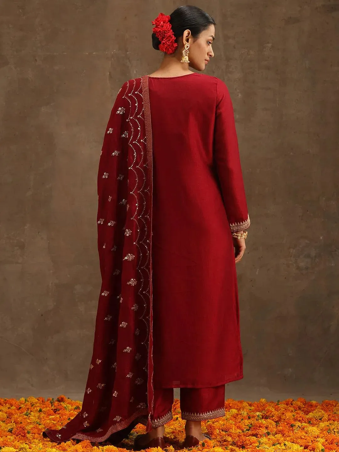 Maroon Embroidered Silk Blend Straight Kurta With Trousers & Dupatta