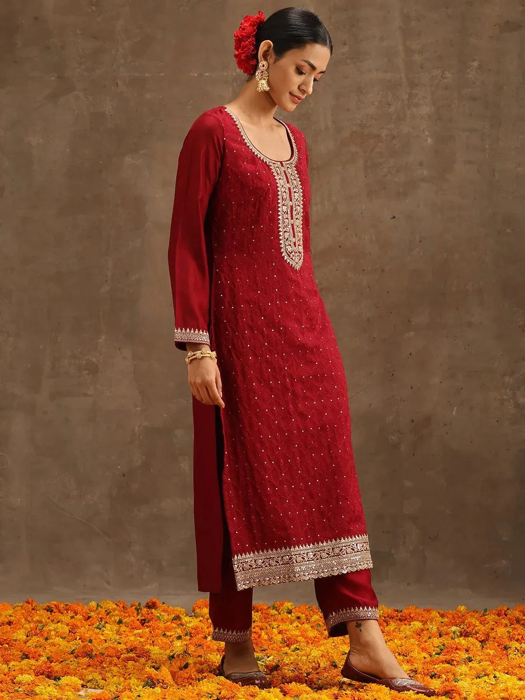 Maroon Embroidered Silk Blend Straight Kurta With Trousers & Dupatta