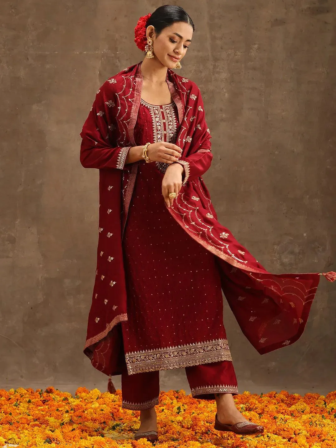 Maroon Embroidered Silk Blend Straight Kurta With Trousers & Dupatta