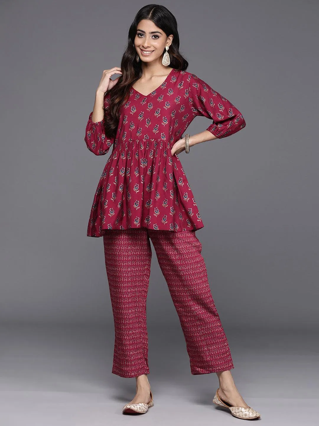 Maroon Printed Silk Blend Top With Trousers