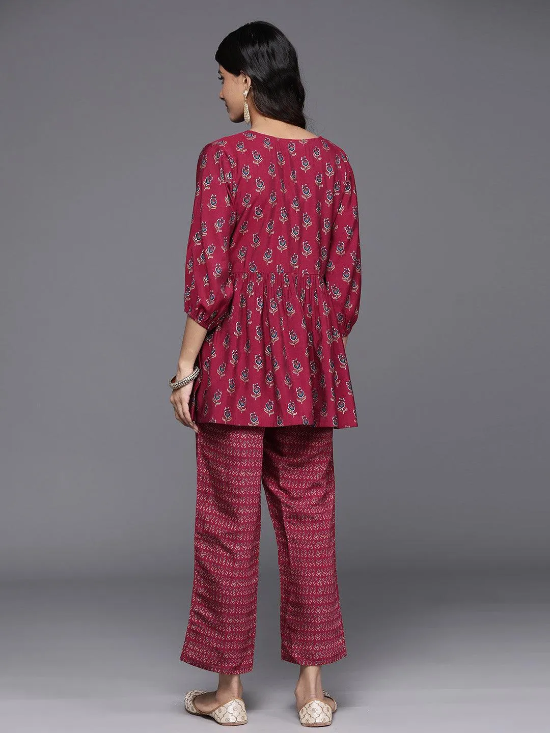 Maroon Printed Silk Blend Top With Trousers