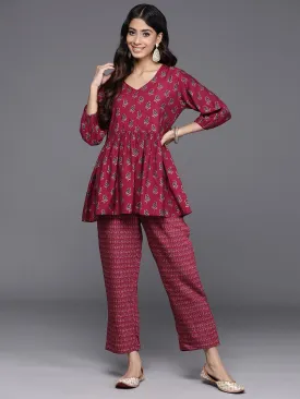 Maroon Printed Silk Blend Top With Trousers