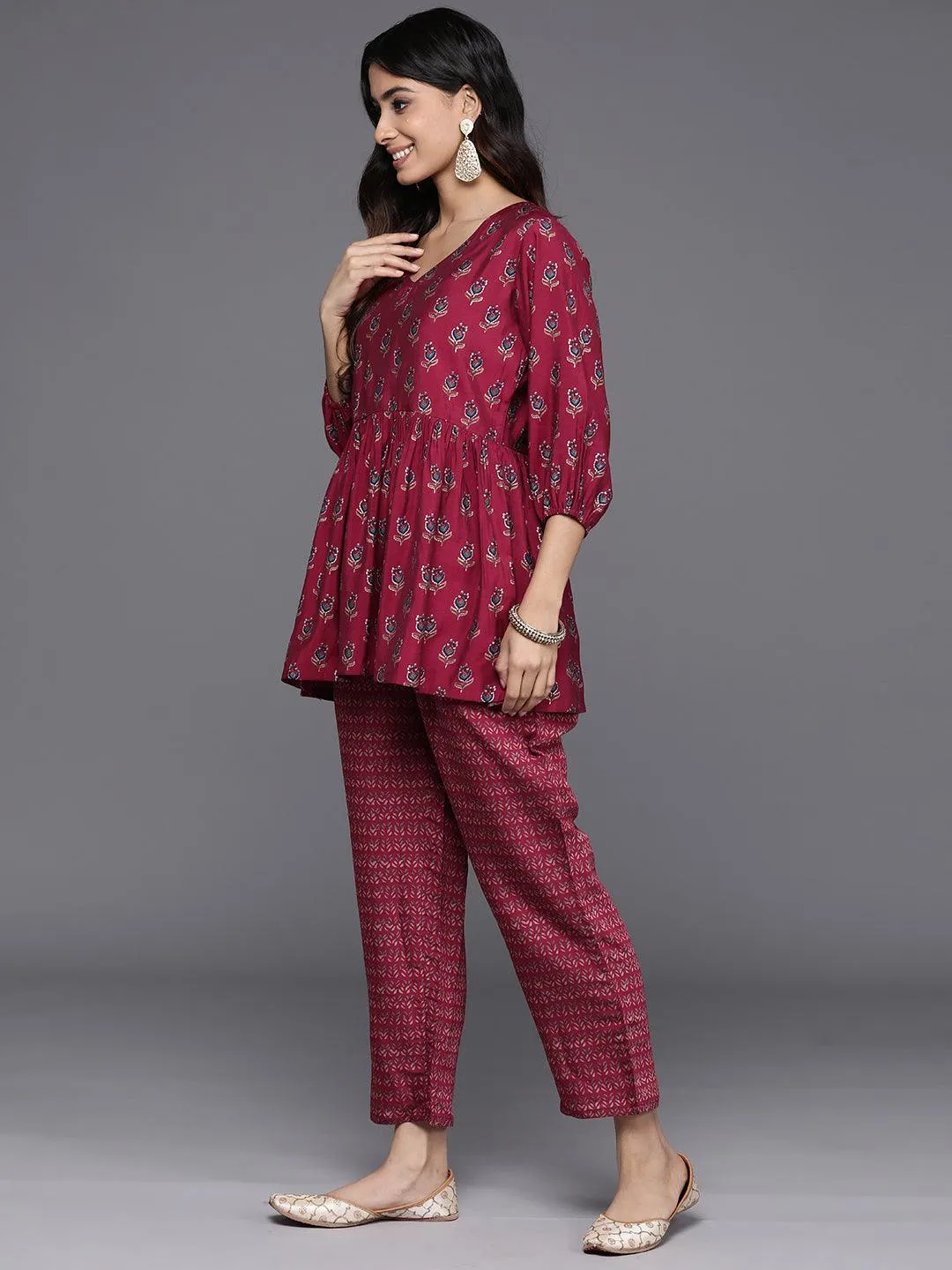 Maroon Printed Silk Blend Top With Trousers