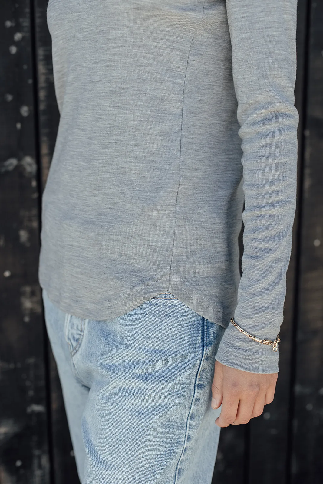 Merino Rib Crew Neck Top - Grey Marle