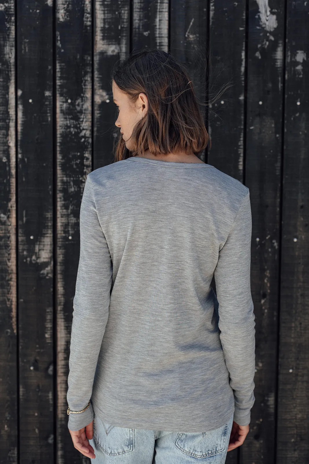 Merino Rib Crew Neck Top - Grey Marle