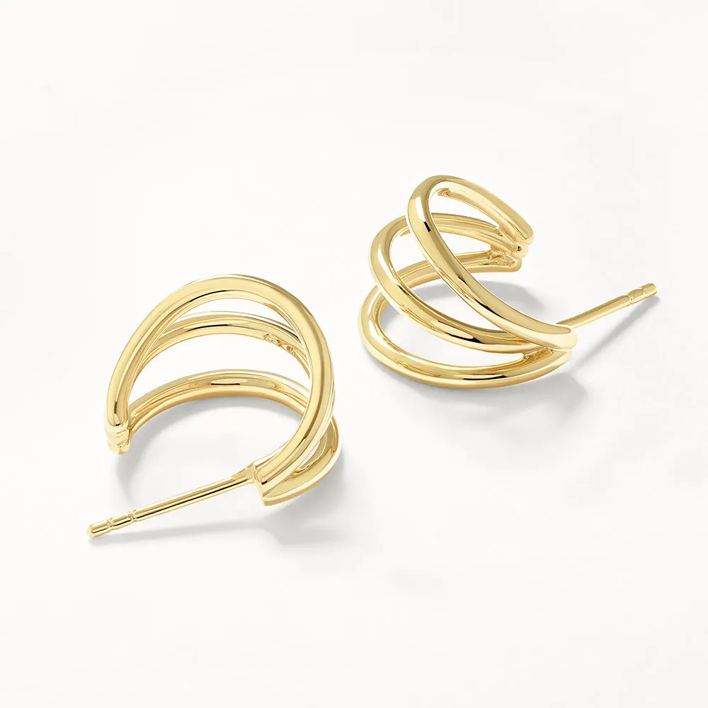 Triple Hoop Stud Earrings in Gold