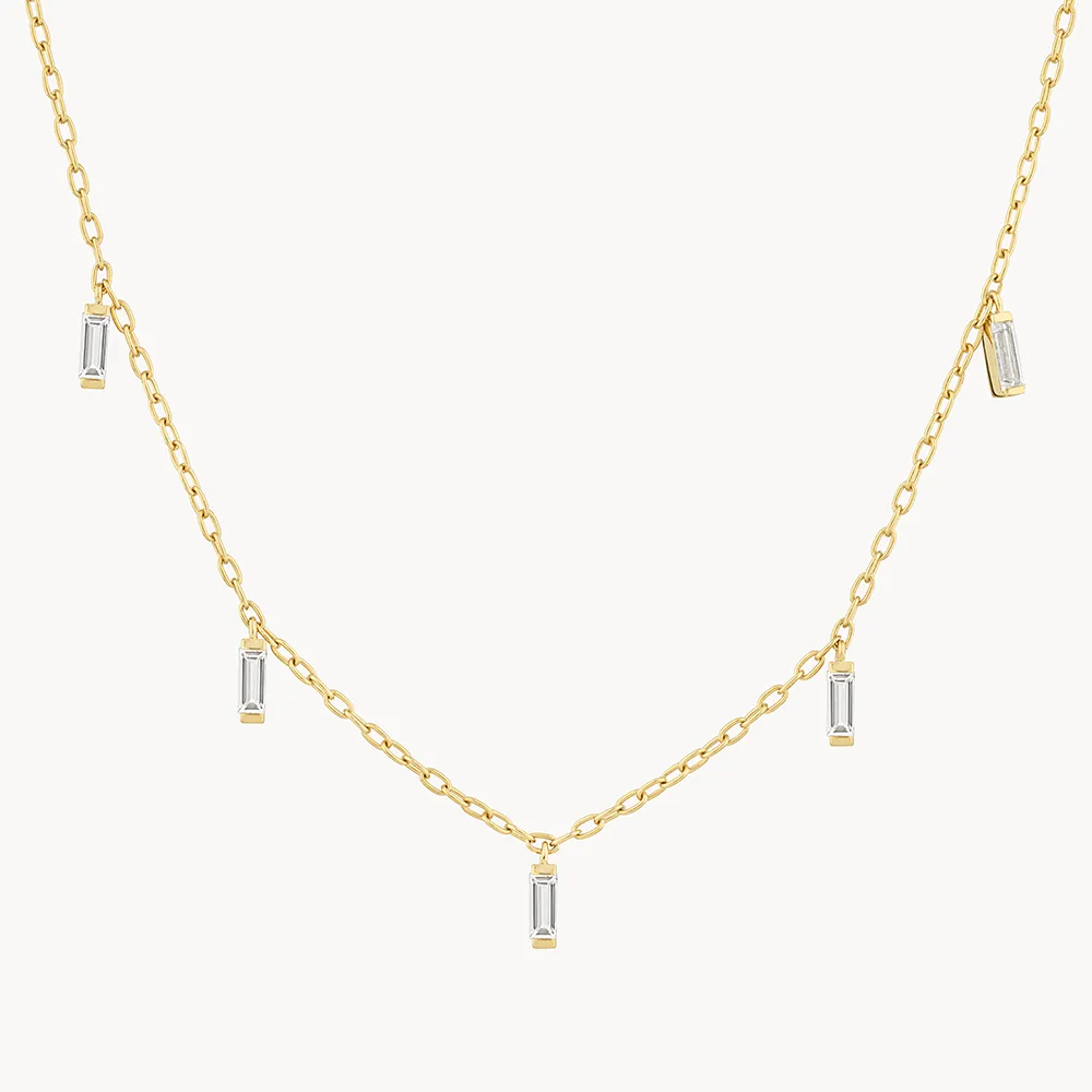 White Topaz Baguette Droplet Chain Necklace in Gold